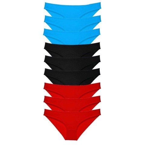 9 adet Süper Eko Set Likralı Kadın Slip Külot Siyah Kırmızı Mavi Beden XL