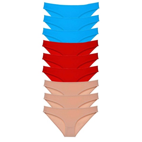9 adet Süper Eko Set Likralı Kadın Slip Külot Kırmızı Ten Mavi Beden XL
