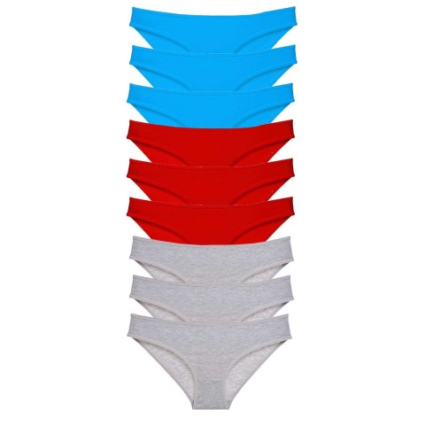 9 adet Süper Eko Set Likralı Kadın Slip Külot Kırmızı Gri Mavi Beden XL