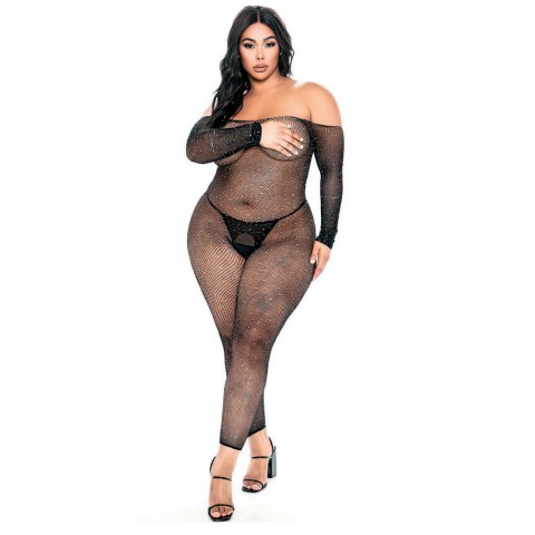 Night Light Kadın Siyah Fantezi Tül Detaylı Seksi Büyük Beden Vücut Çorabı 5541-1 Beden 2XL-3XL